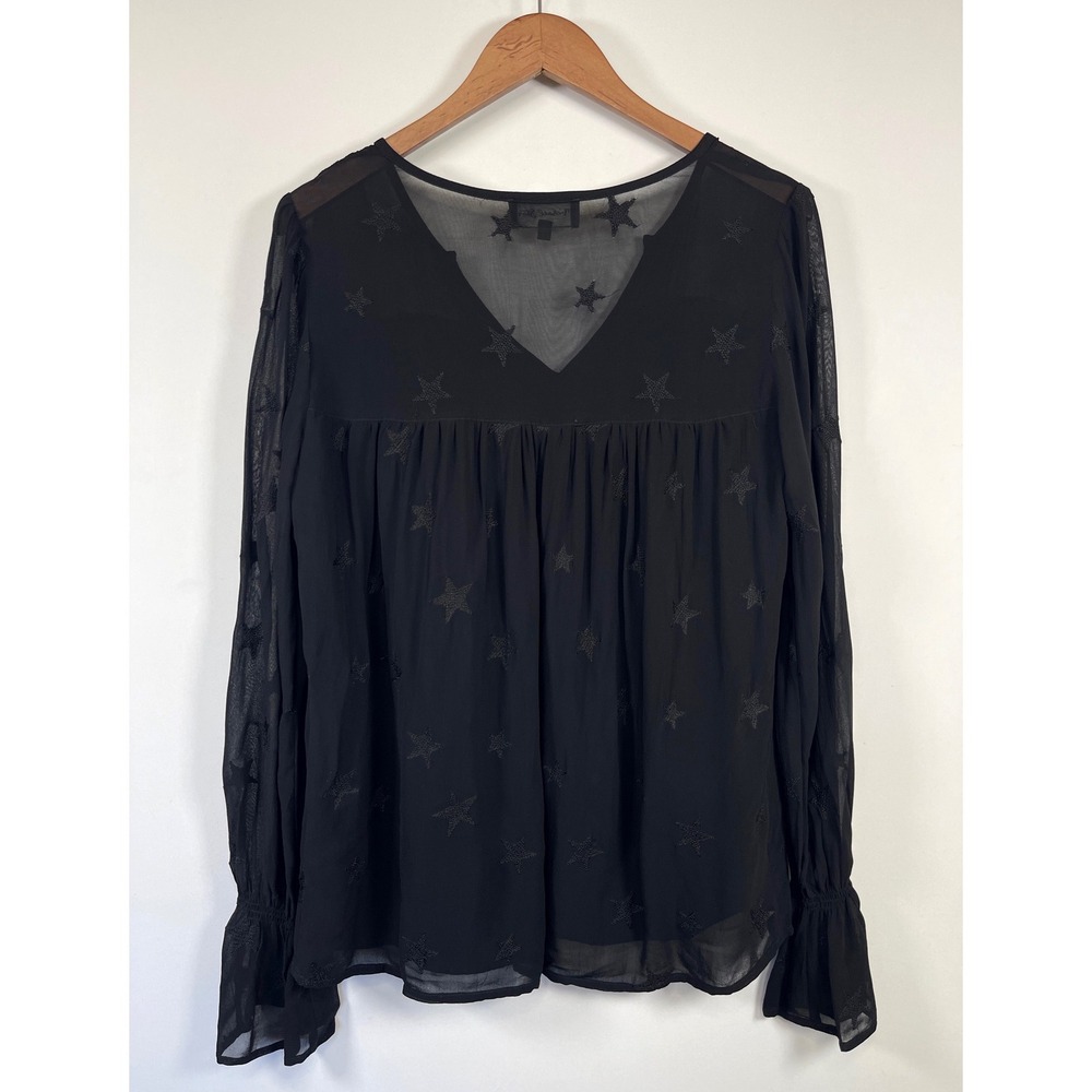 Michael Stars  Embroidered V-Neck Bell Sleeve Top L Black Boho Whimsigoth Witchy - Picture 2 of 12